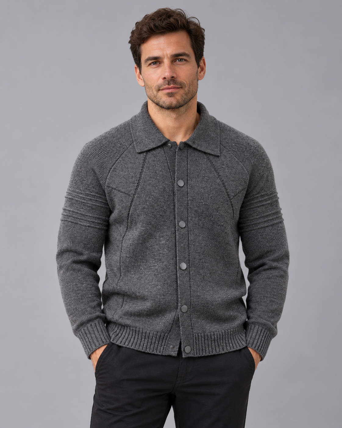 Men's Collared Cardigan – Knitted Cardigan with Snap-Button Front, Raglan Sleeves, Ribbed Cuffs