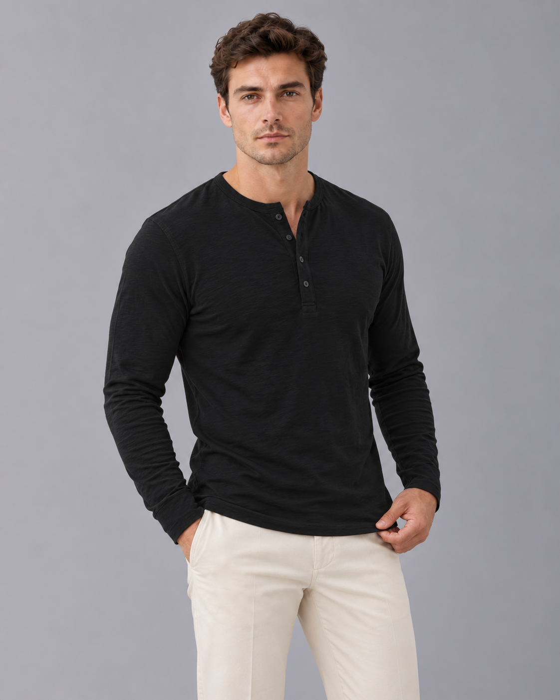 Men's Long Sleeve Henley in Cotton Blend – Slub Henley Top with Three-Button Placket, Slim Fit