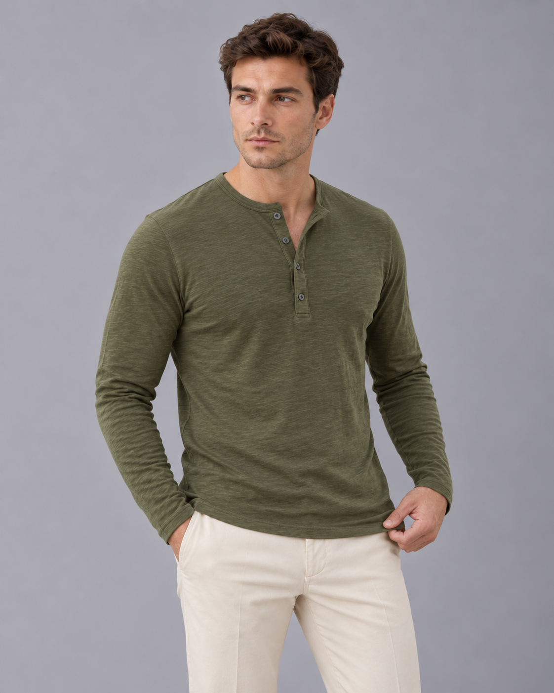 Men's Long Sleeve Henley in Cotton Blend – Slub Henley Top with Three-Button Placket, Slim Fit