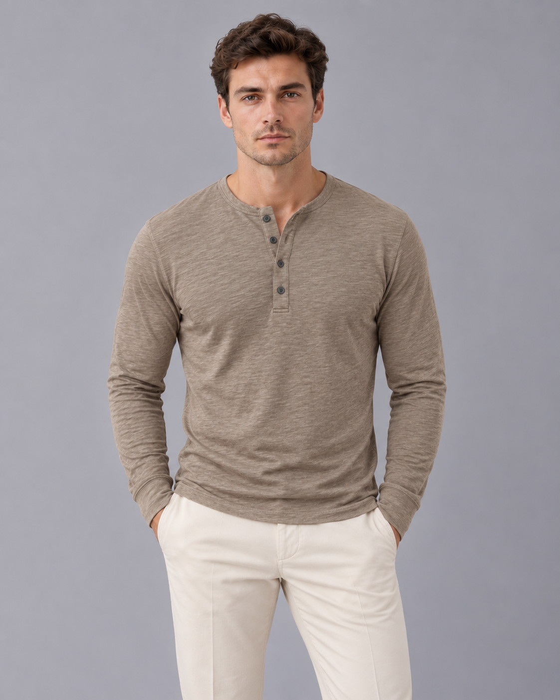 Men's Long Sleeve Henley in Cotton Blend – Slub Henley Top with Three-Button Placket, Slim Fit