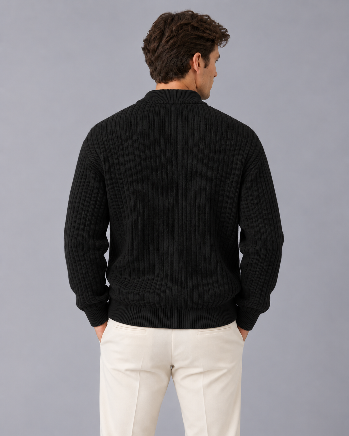 Men's Ribbed Henley Jumper – Thick Rib Knit with Button Neck and Chest Pocket, Relaxed Fit