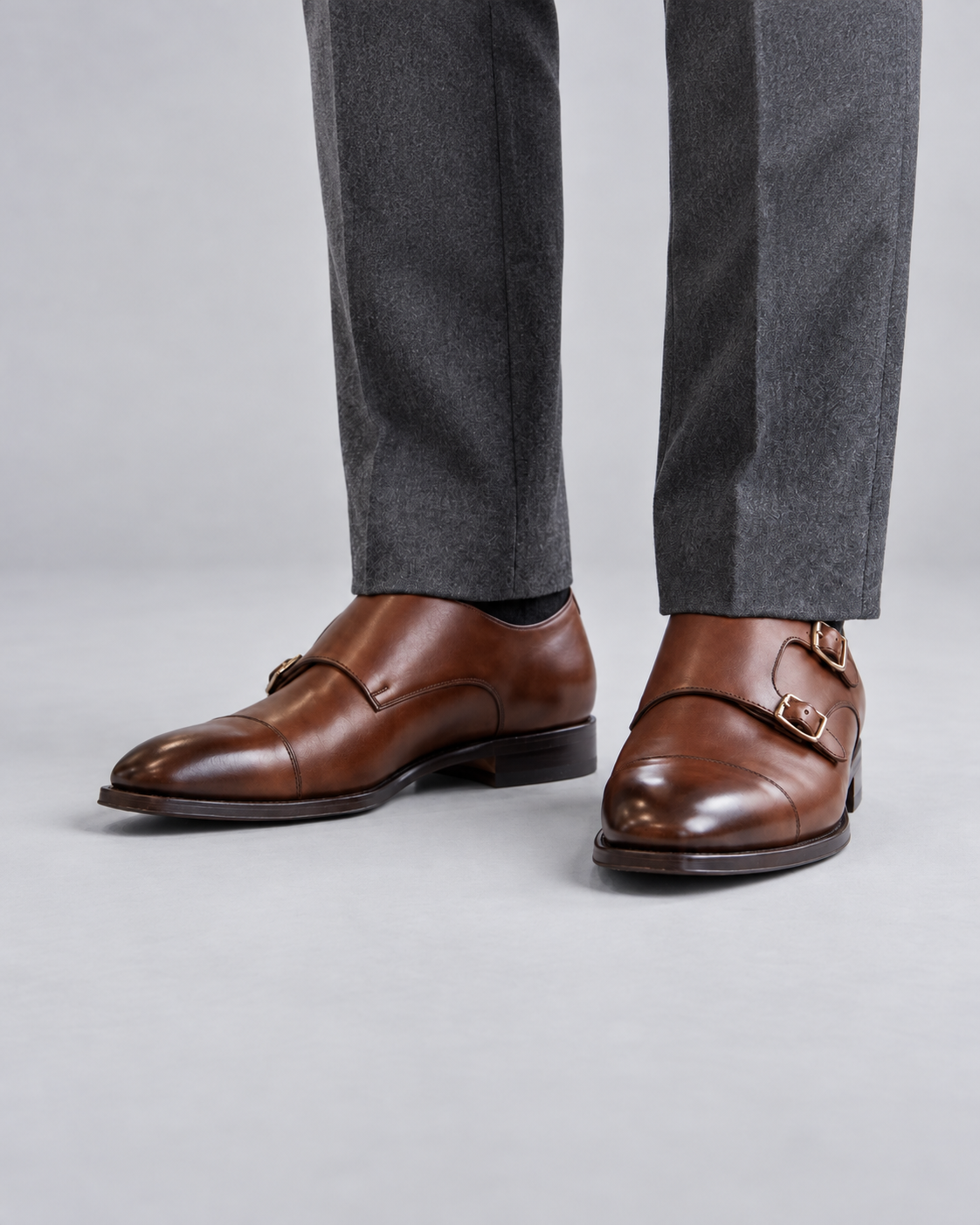 Men's Double Monk Strap Shoes in Leather – Cap Toe, Buckle Closure, Rubber Sole