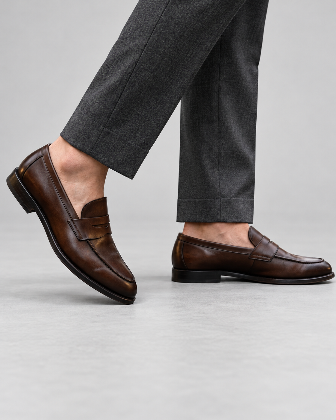 Men's Penny Loafers – Slip-On with Saddle Strap, Structured Upper, Polished Finish, Low Heel