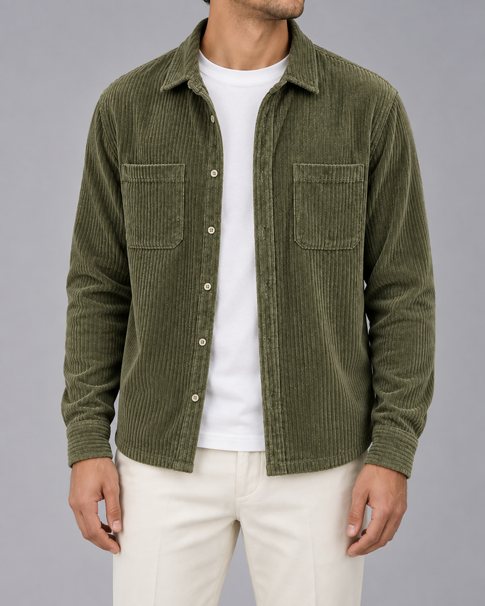 Men's Ribbed Corduroy Overshirt Jacket | Long Sleeve with Layering Top