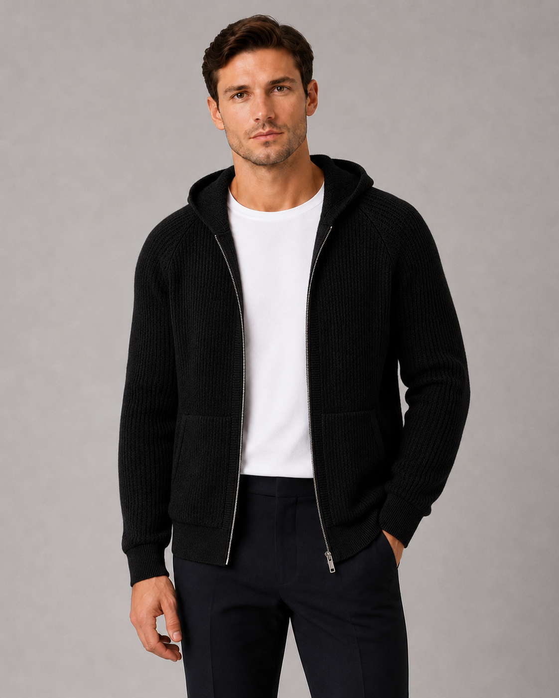 Cashmere Rib Knit Zip Hoodie