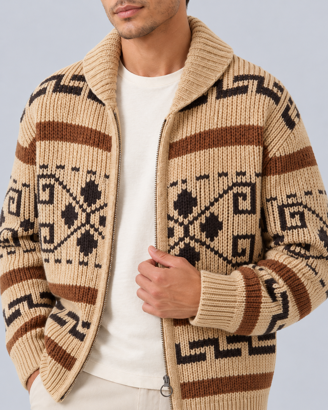 Men's Jacquard Zip Cardigan in Acrylic Knit – Shawl Collar, Geometric Pattern
