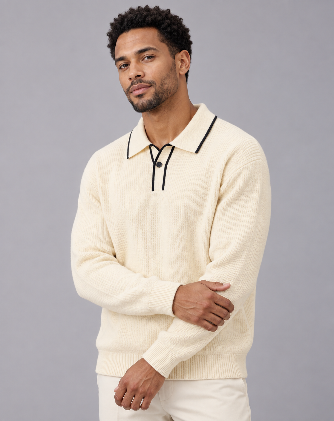 Men's Knitted Polo Long Sleeve in Linen Blend – Polo Jumper with Contrast-Tipped Collar