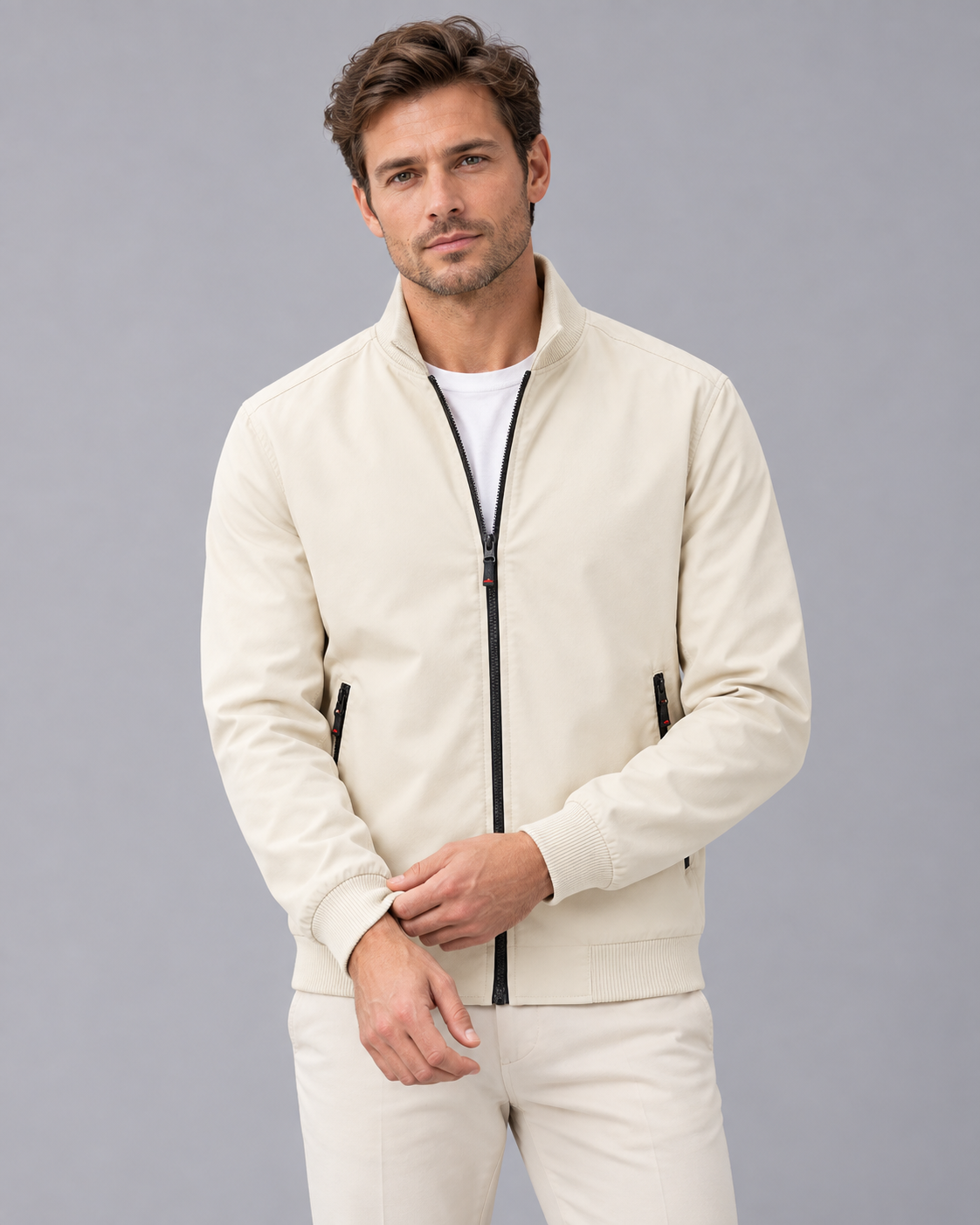 Men's Bomber Jacket – Stand Collar, Full Zip, Zip Pockets, Relaxed Fit
