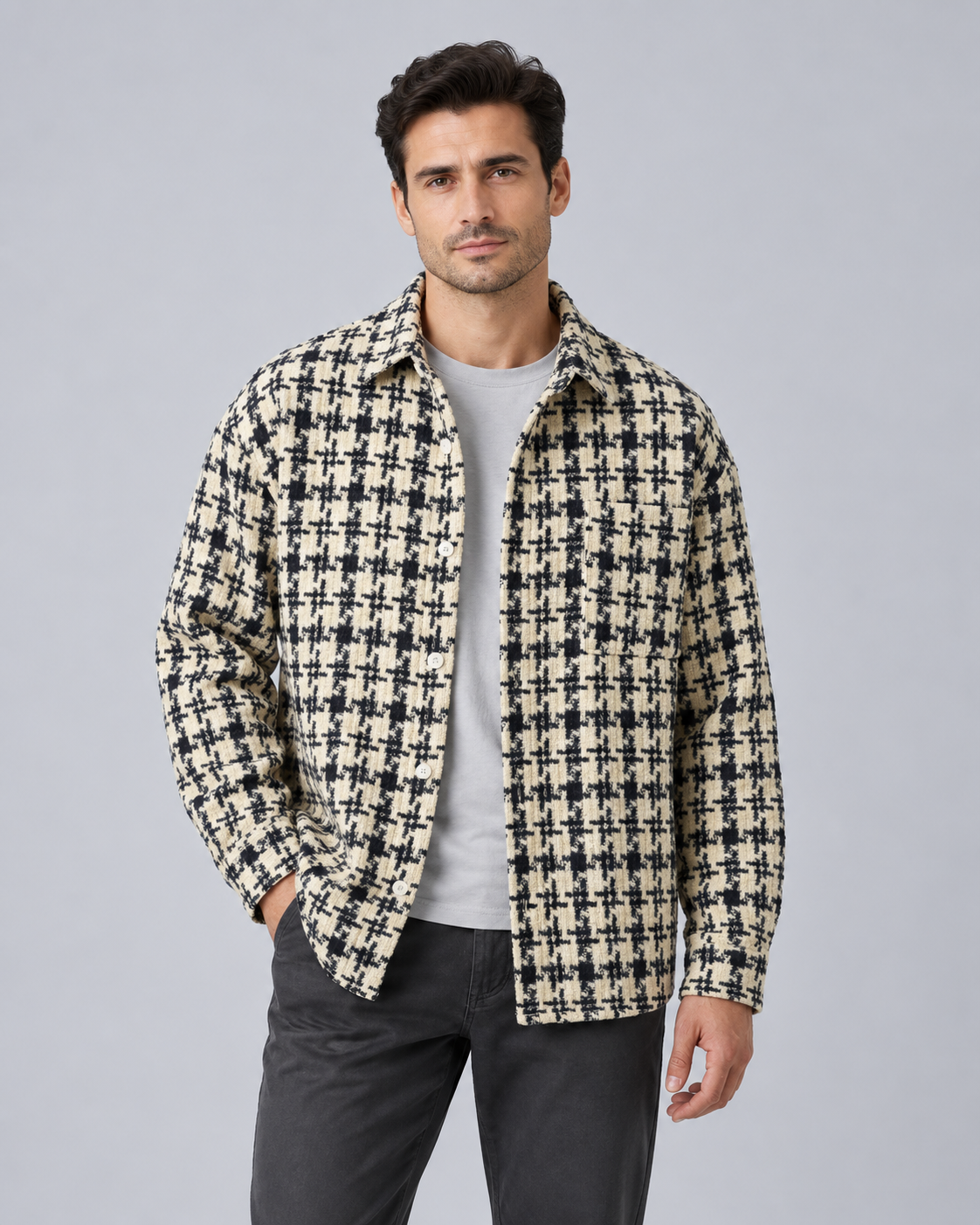 Men's Patterned Overshirt | Button-Up Streetwear Shirt Jacket