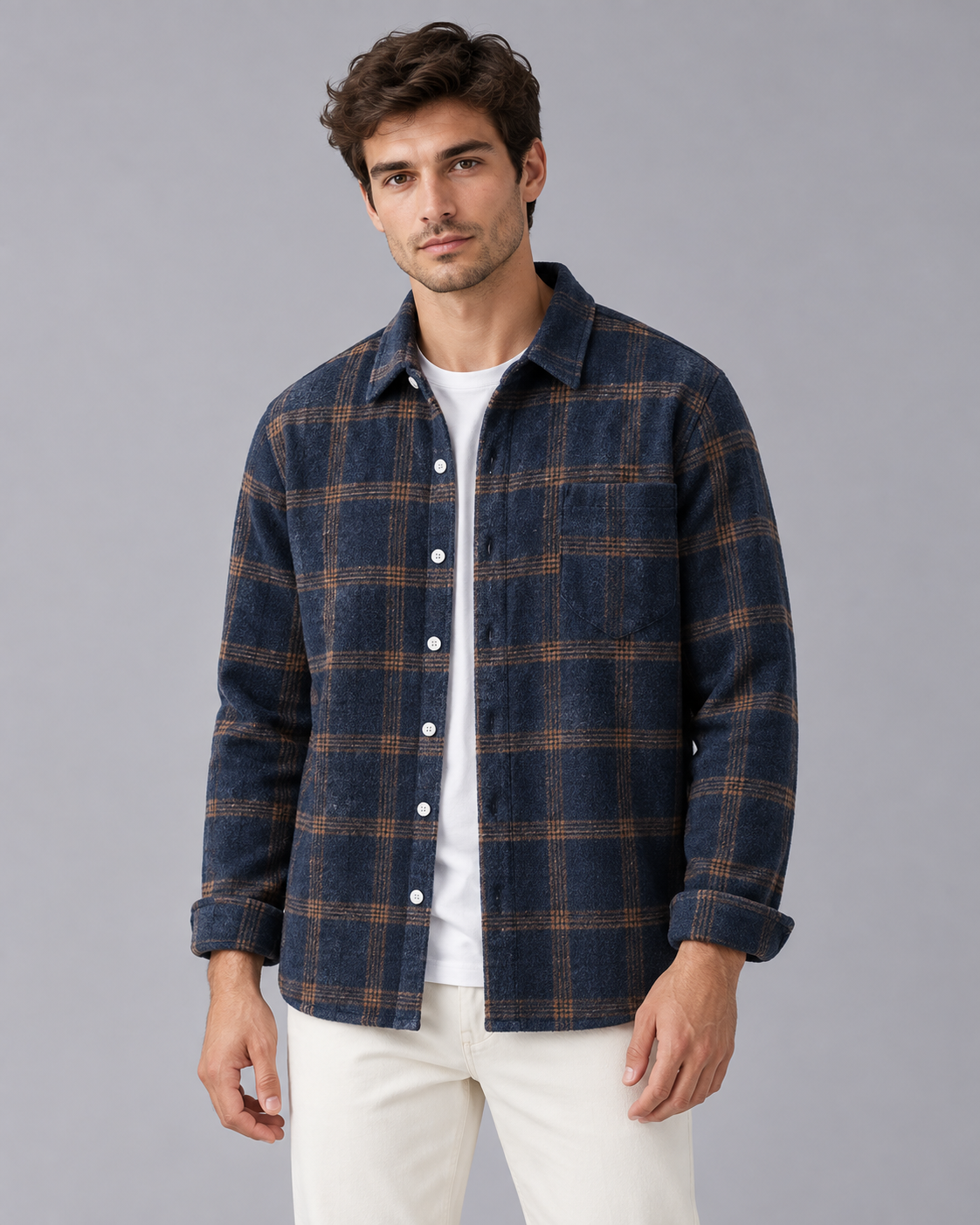 Men's Check Shirt – Long Sleeve, Button-Up, Chest Pocket, Relaxed Fit