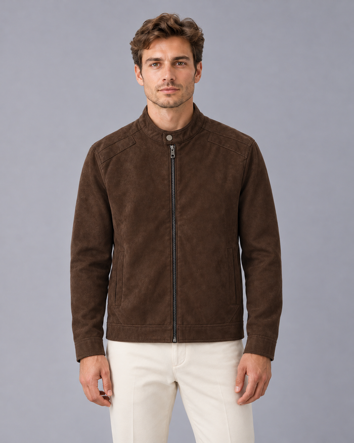 Men's Faux Suede Jacket with Stand Collar and Zip Front