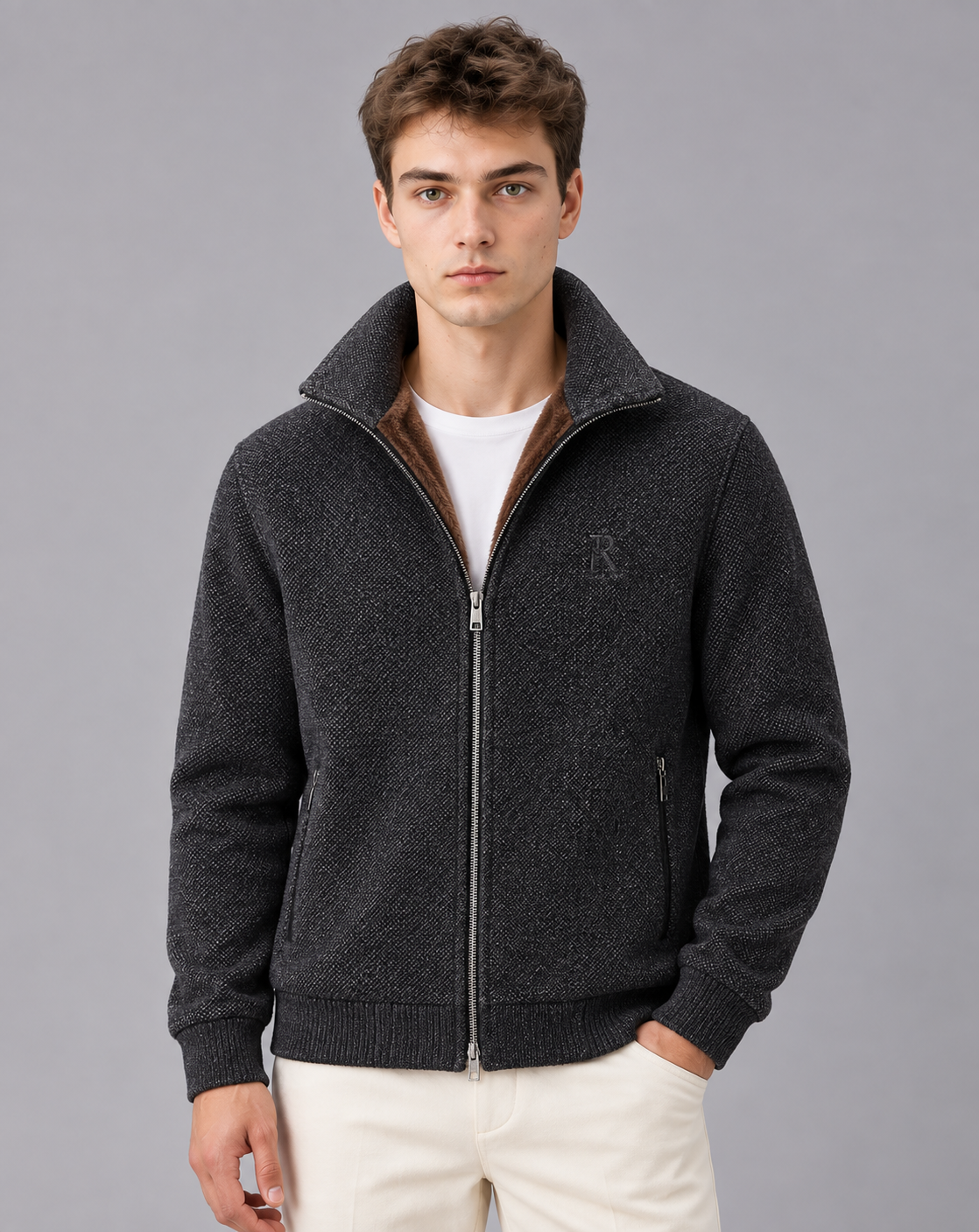 Men's Fleece Lined Jacket – Full Zip, Stand Collar, Textured Finish, Zip Pockets