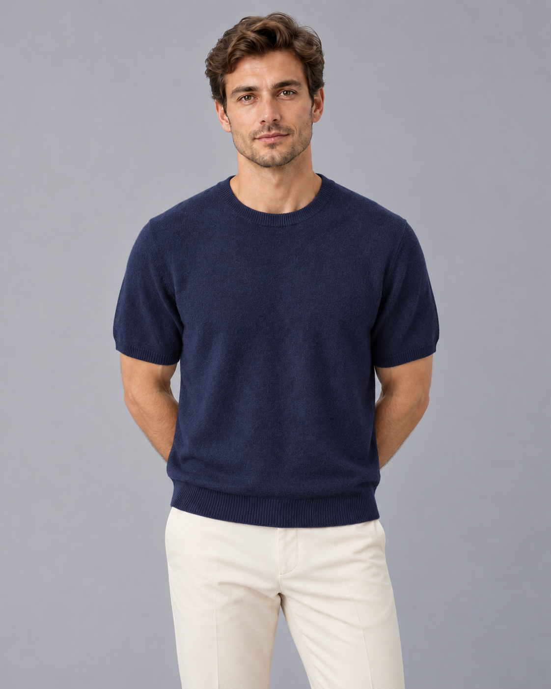Men's 100% Cashmere Crew Neck T-Shirt with Short Sleeves and Ribbed Trims
