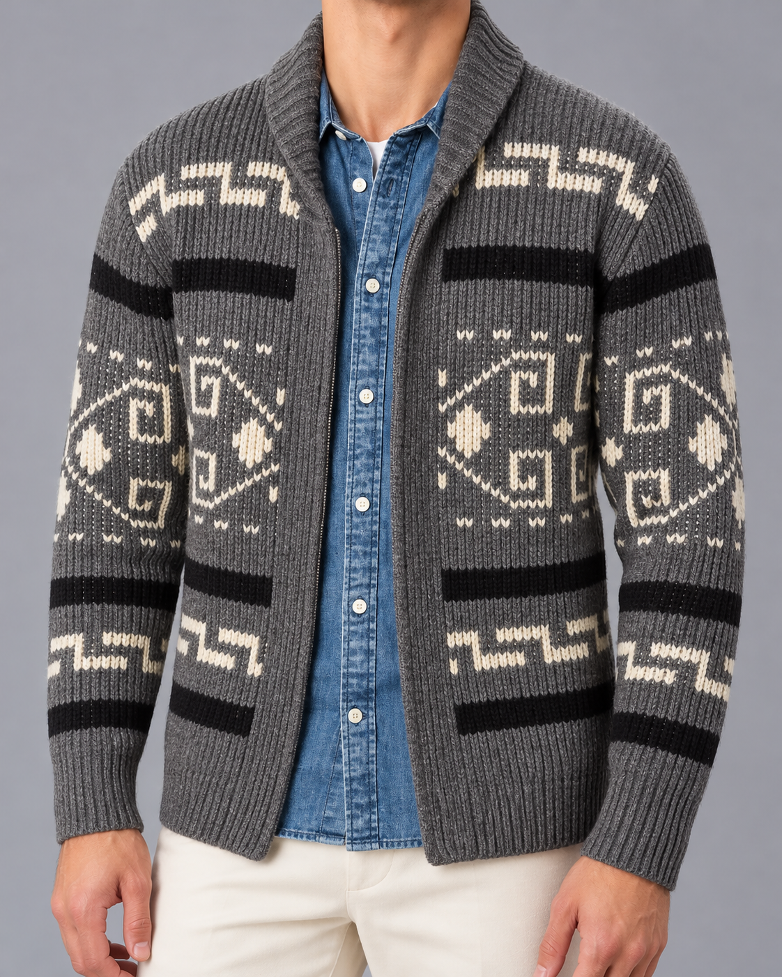 Men's Wool Blend Zip-Up Cardigan with Shawl Collar and Jacquard Pattern