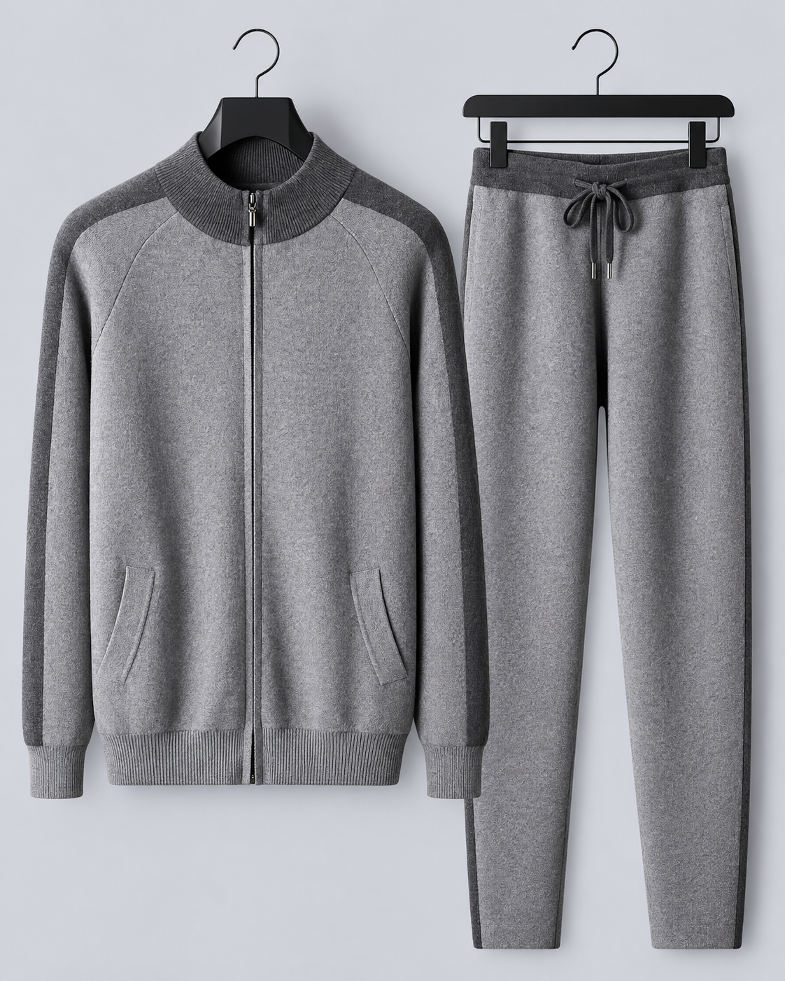 Men's 100% Cashmere Tracksuit with Stand Collar Zip Jacket and Contrast Panels