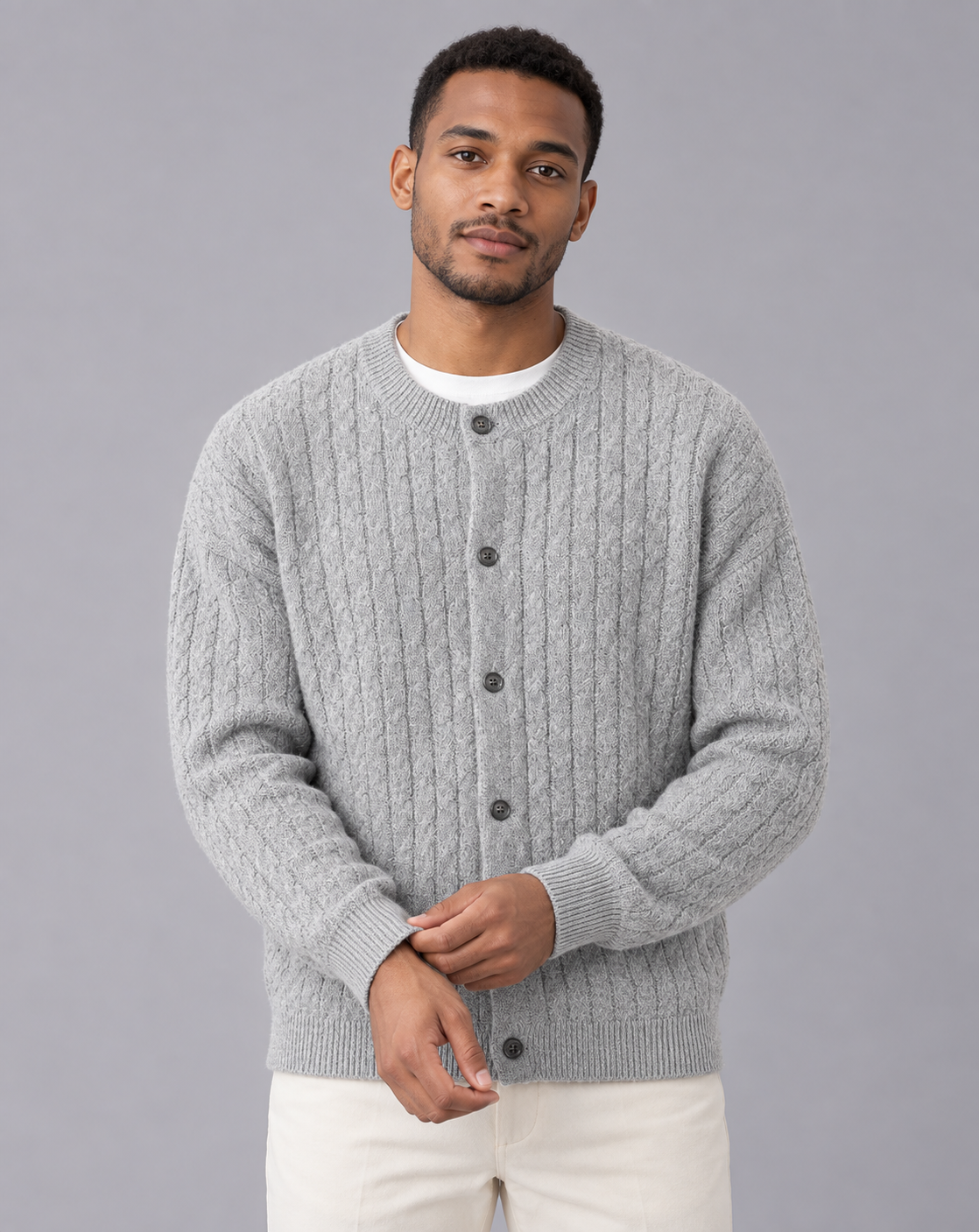 Men's Cable Knit Cardigan – Crew Neck, Six-Button Front, Relaxed Fit