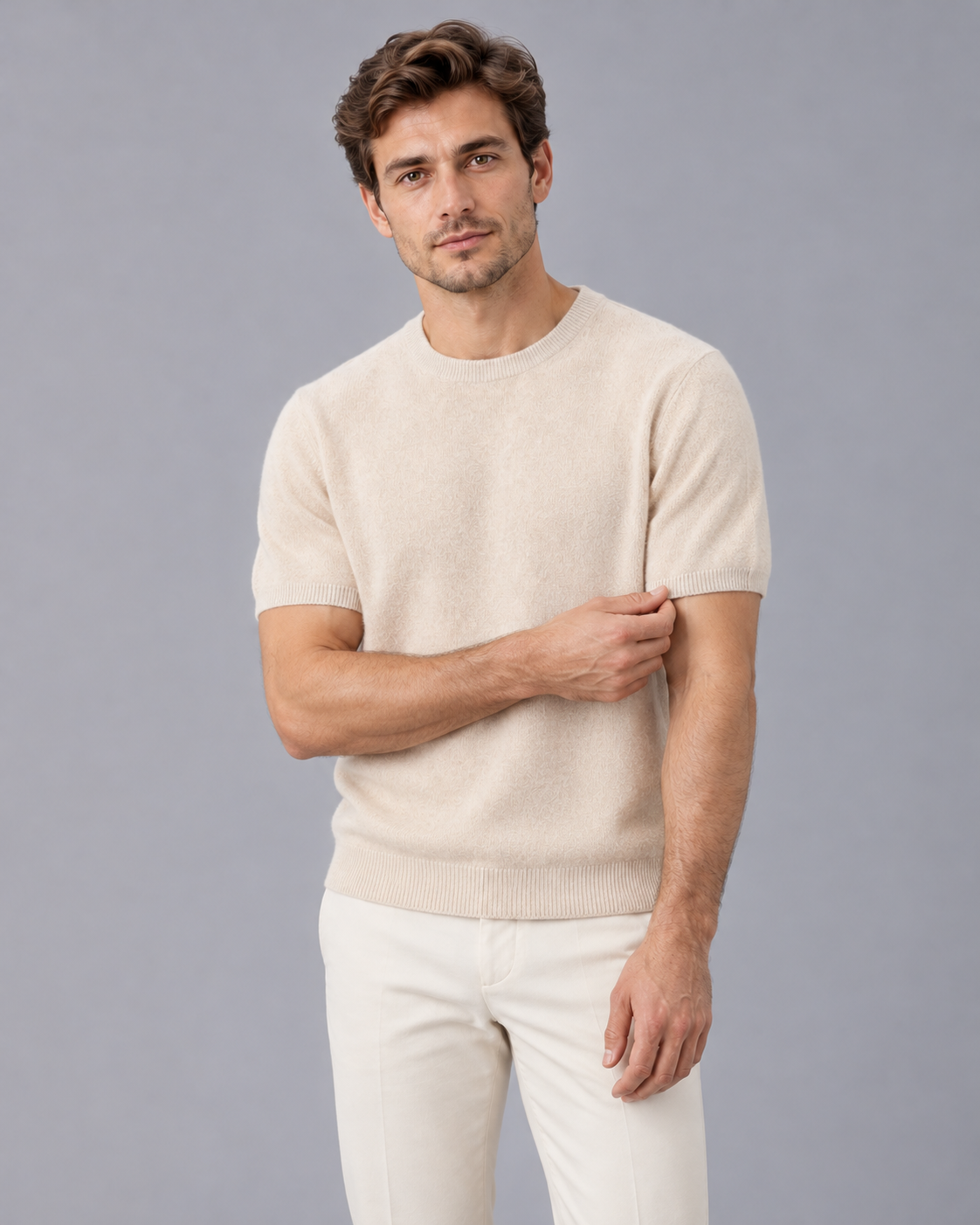 Men's 100% Cashmere Crew Neck T-Shirt with Short Sleeves and Ribbed Trims