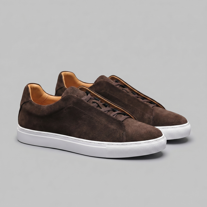 Men's Suede Trainers – Brown Low-Top Lace-Up Sneakers with White Rubber Sole