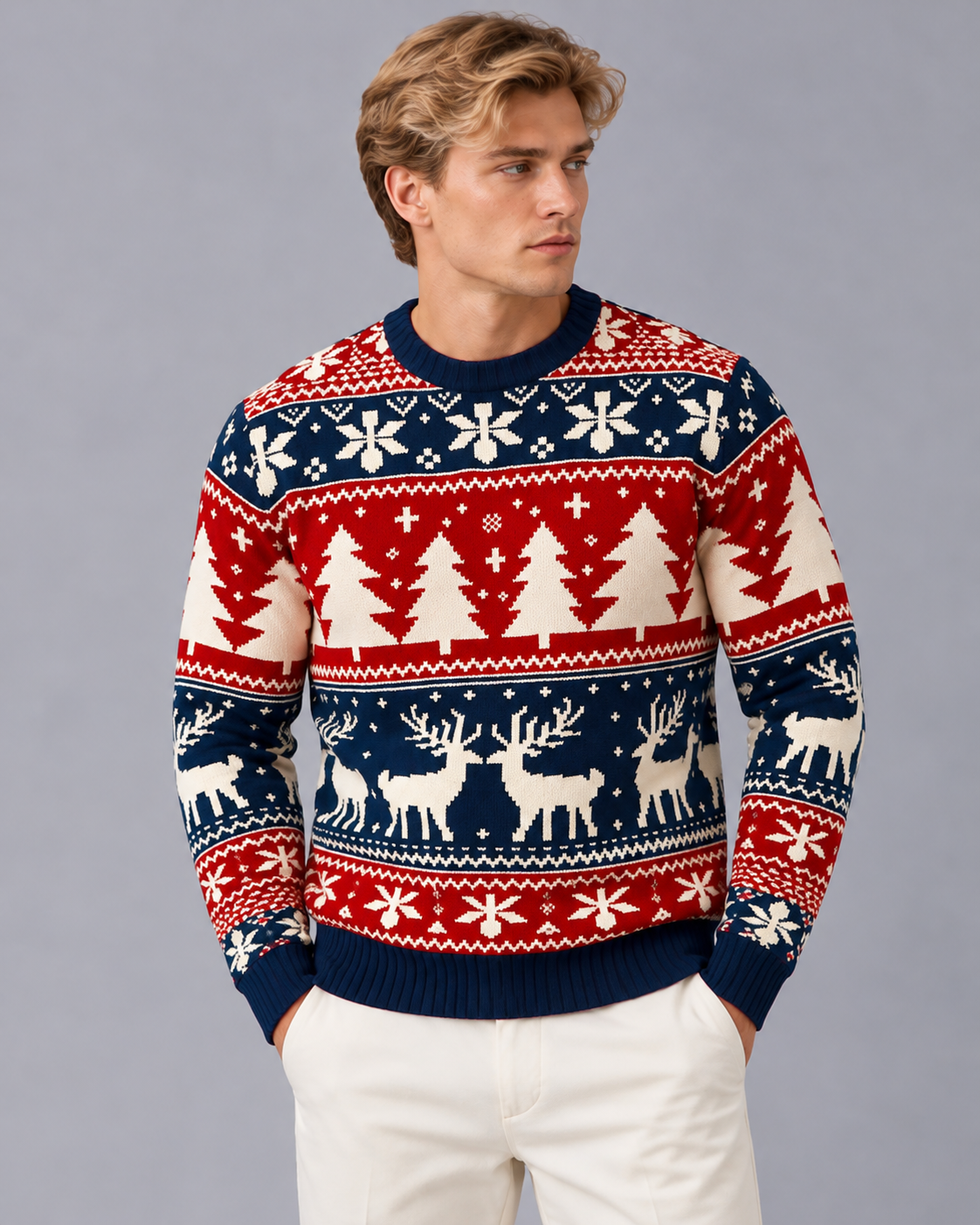 Men's Christmas Jumper with Fair Isle Reindeer and Tree Pattern | Festive Sweater