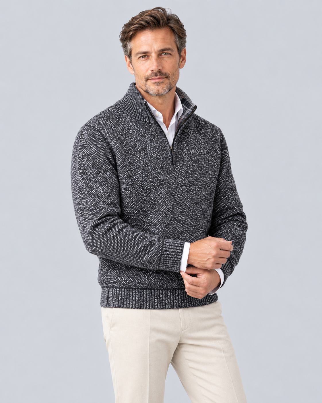 Men's Quarter Zip Jumper in Textured Polyester Knit – Zip Stand Collar, Ribbed Cuffs