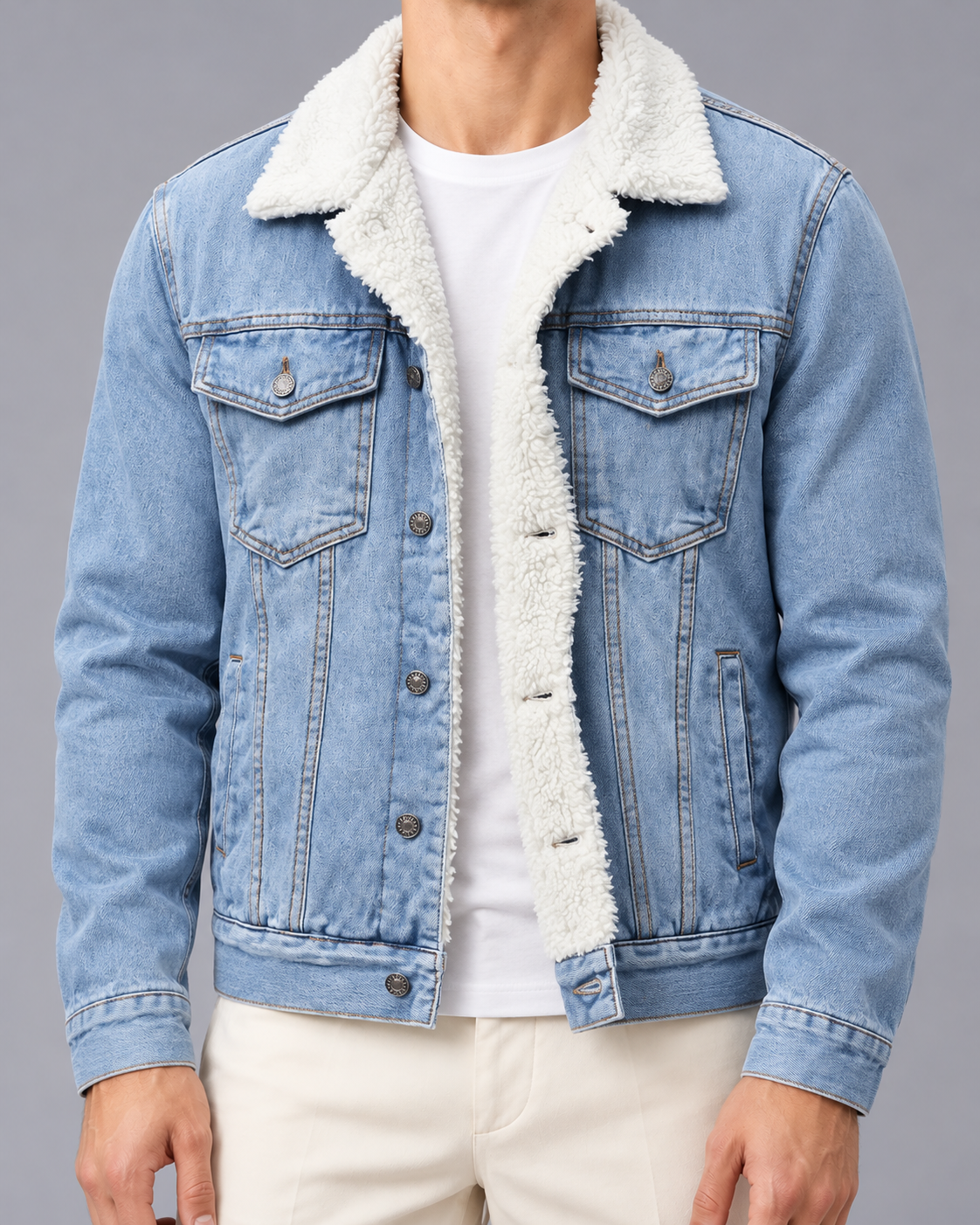Men's Sherpa Denim Jacket with Wool Lining and Button Front