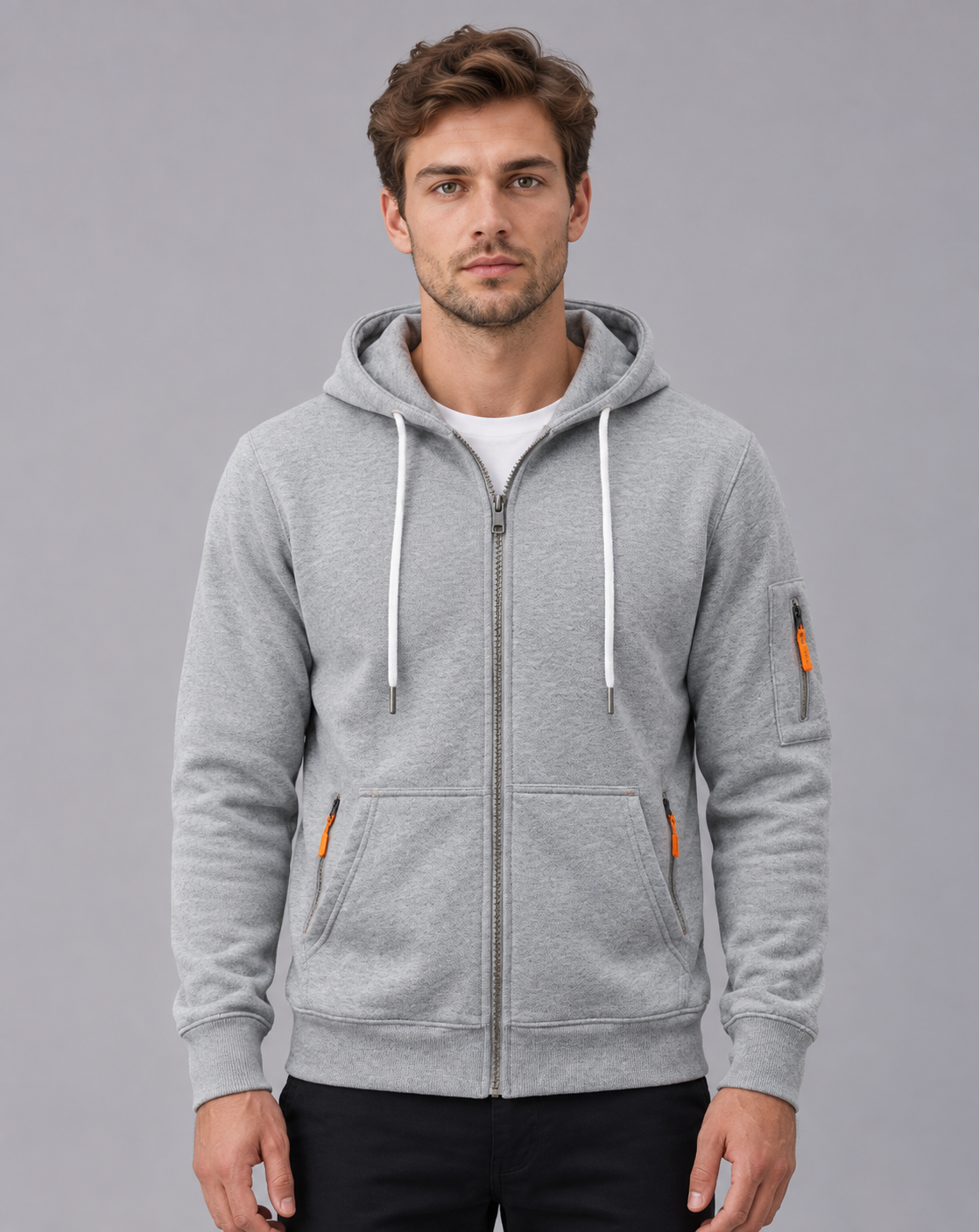 Men's Zip Up Hoodie in 100% Cotton – Full Zip, Drawstring Hood, Zip Pockets