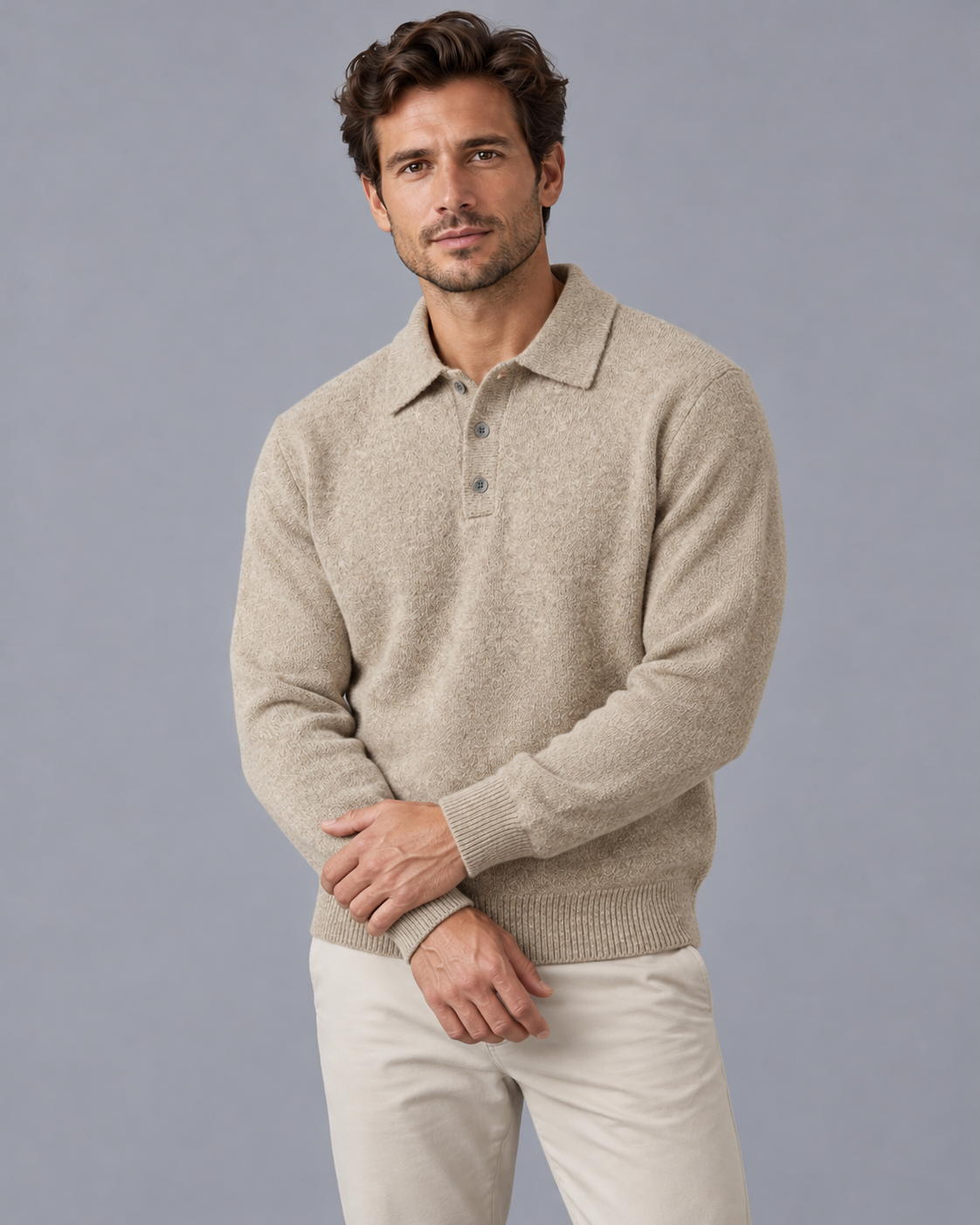 Men's Cashmere Blend Knitted Polo Jumper with Button Collar