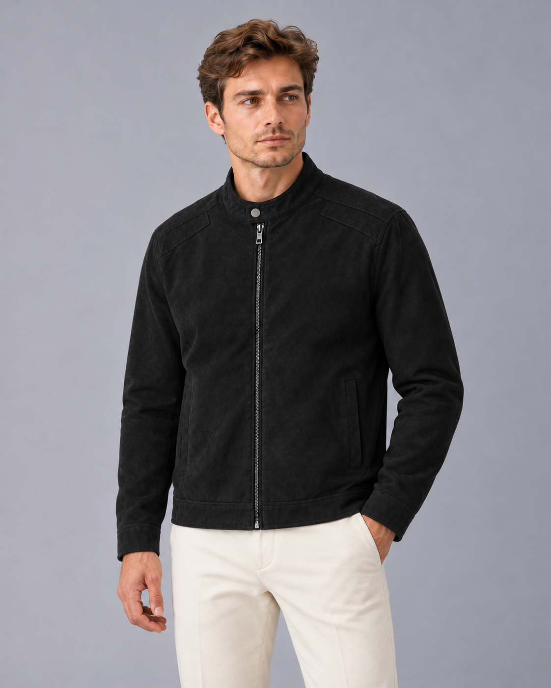 Men's Faux Suede Jacket with Stand Collar and Zip Front