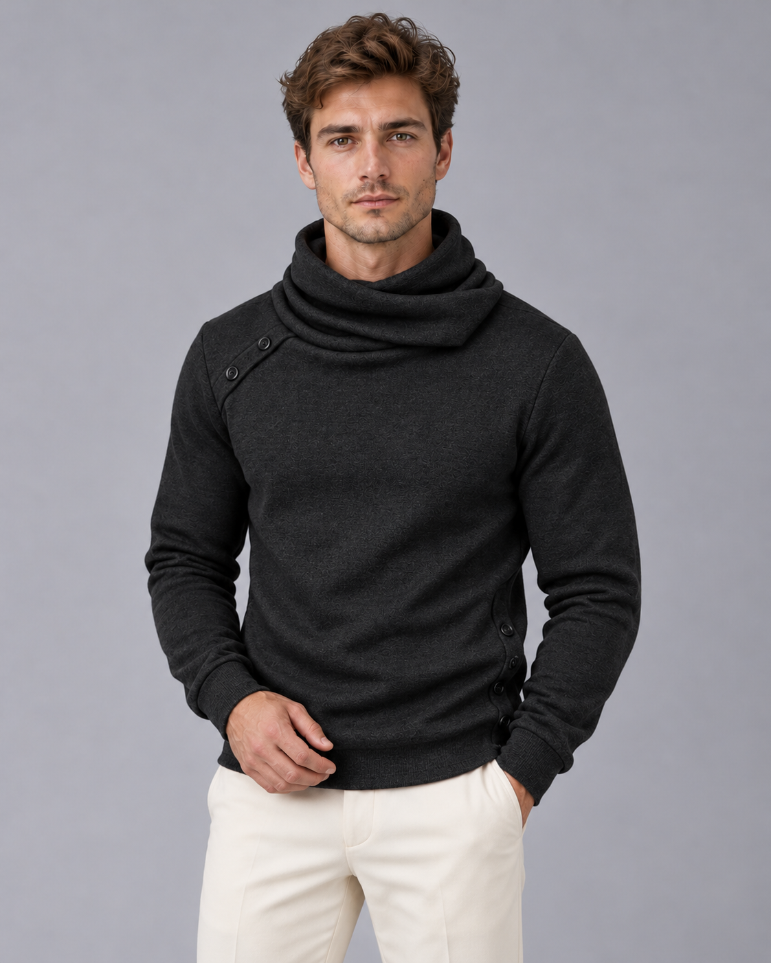Men's Roll Neck Jumper with Button Detail