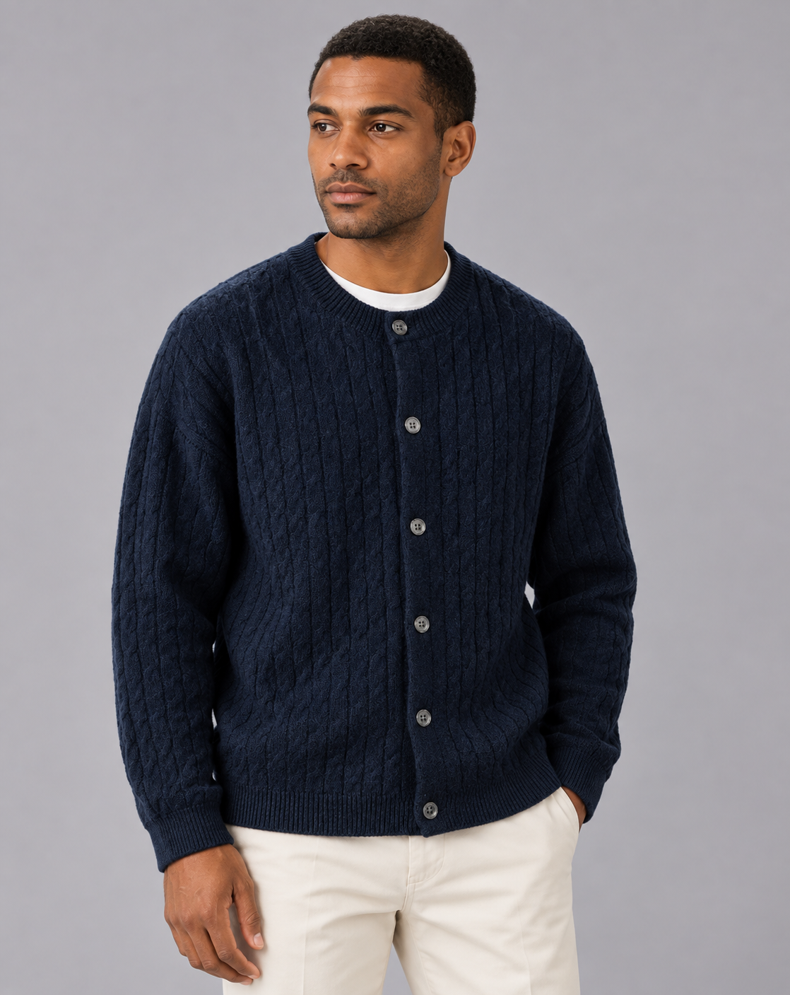 Men's Cable Knit Cardigan – Crew Neck, Six-Button Front, Relaxed Fit