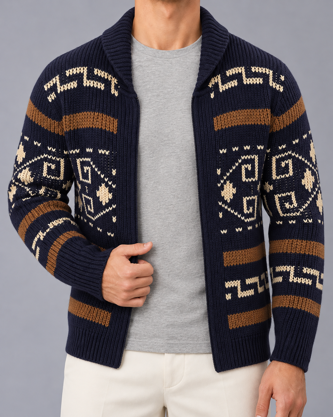 Men's Wool Blend Zip-Up Cardigan with Shawl Collar and Jacquard Pattern