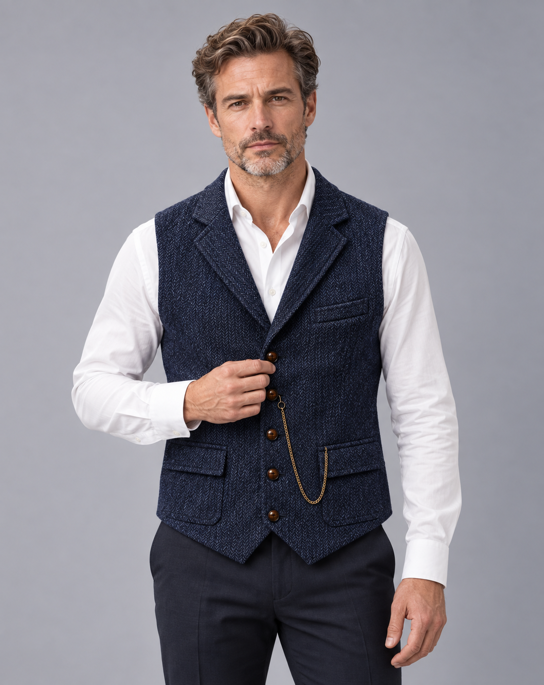 Men's Herringbone Waistcoat – Lapel Vest with Five-Button Front, Flap Pockets and Pocket Chain