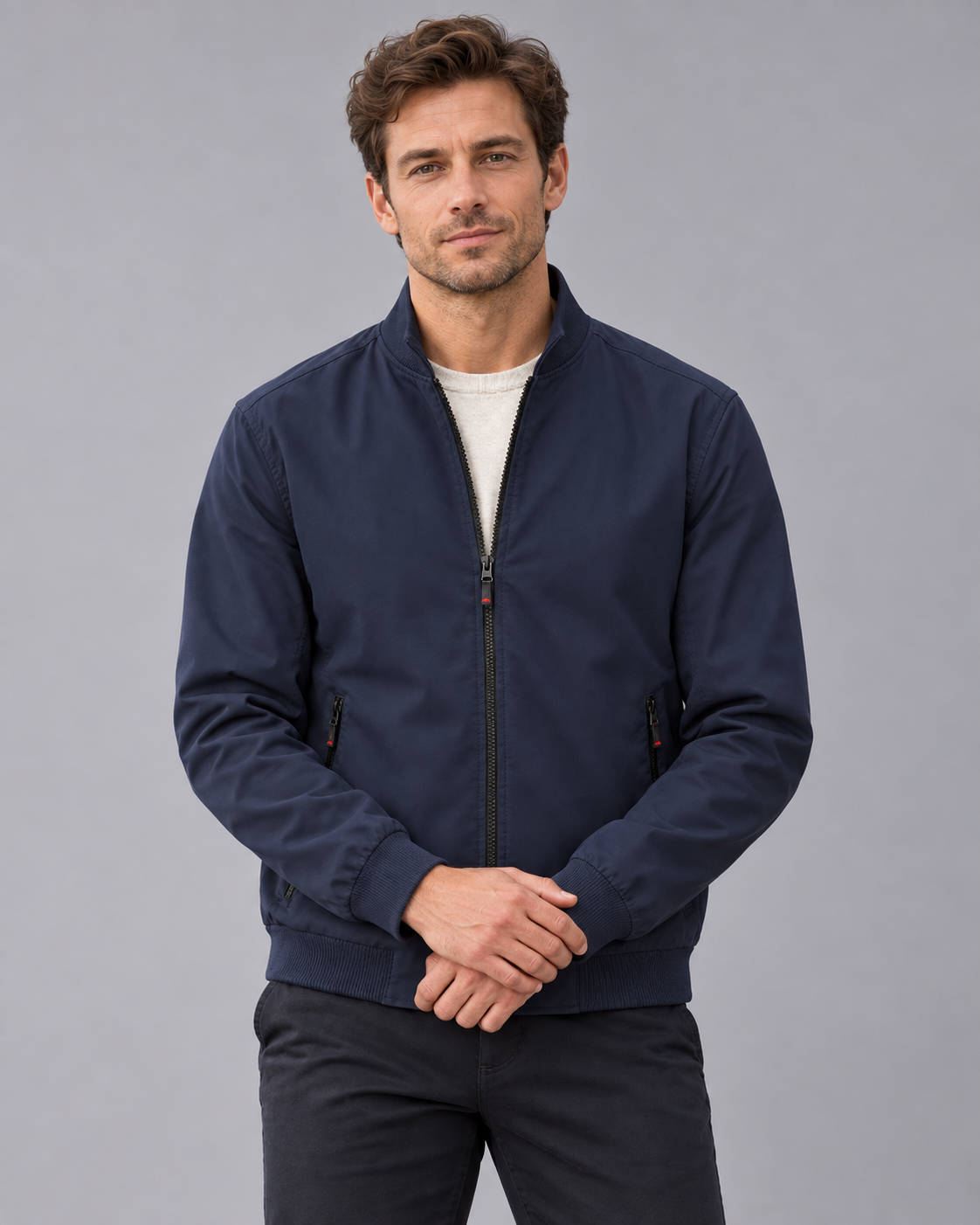Men's Bomber Jacket – Stand Collar, Full Zip, Zip Pockets, Relaxed Fit
