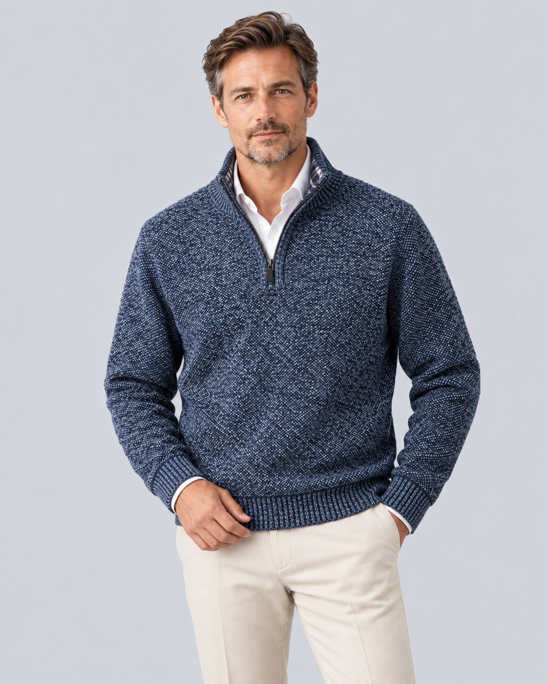 Men's Quarter Zip Jumper in Textured Polyester Knit – Zip Stand Collar, Ribbed Cuffs