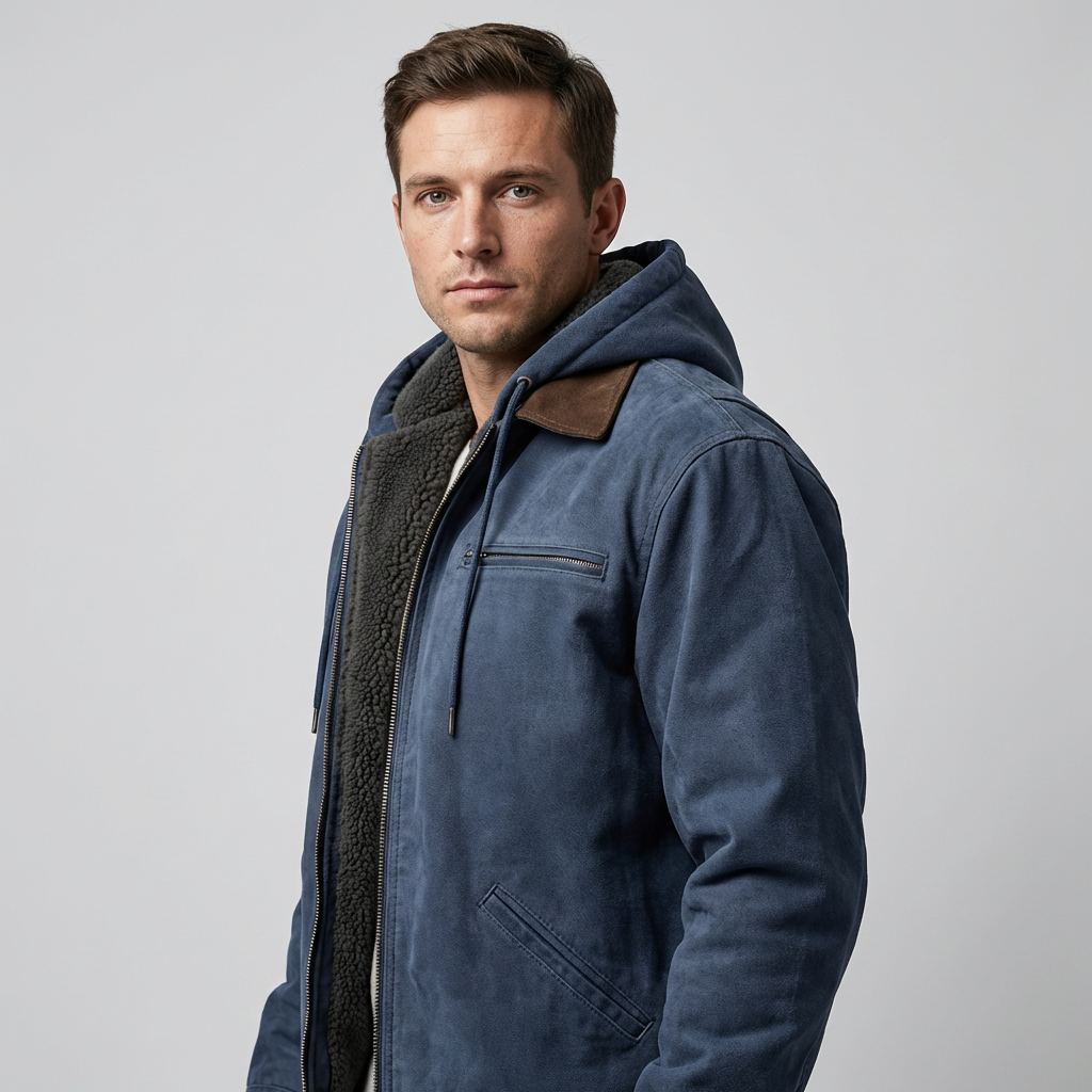 Men's Hooded Suede-Look Jacket – Fleece-Lined Vintage Work Jacket with Full Zip