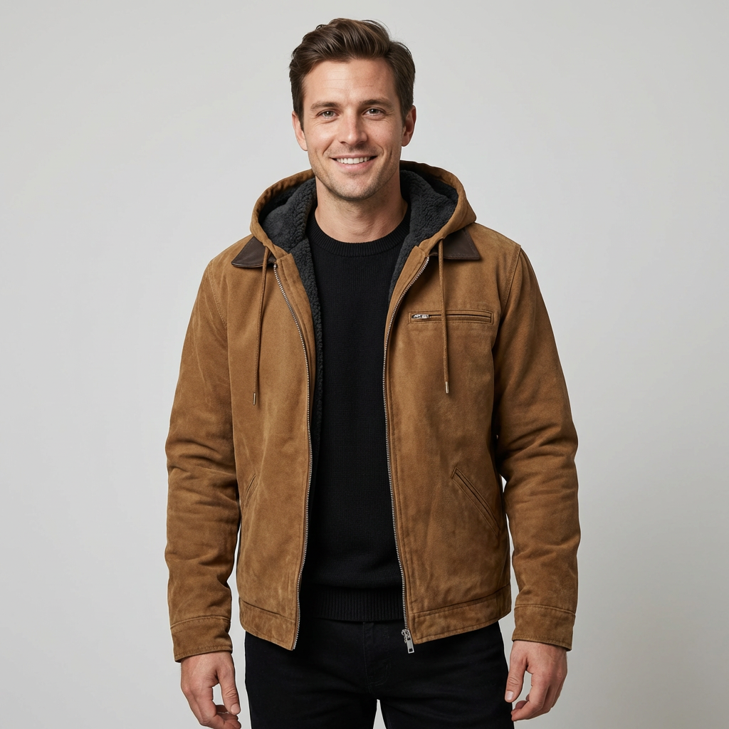 Men's Hooded Suede-Look Jacket – Fleece-Lined Vintage Work Jacket with Full Zip