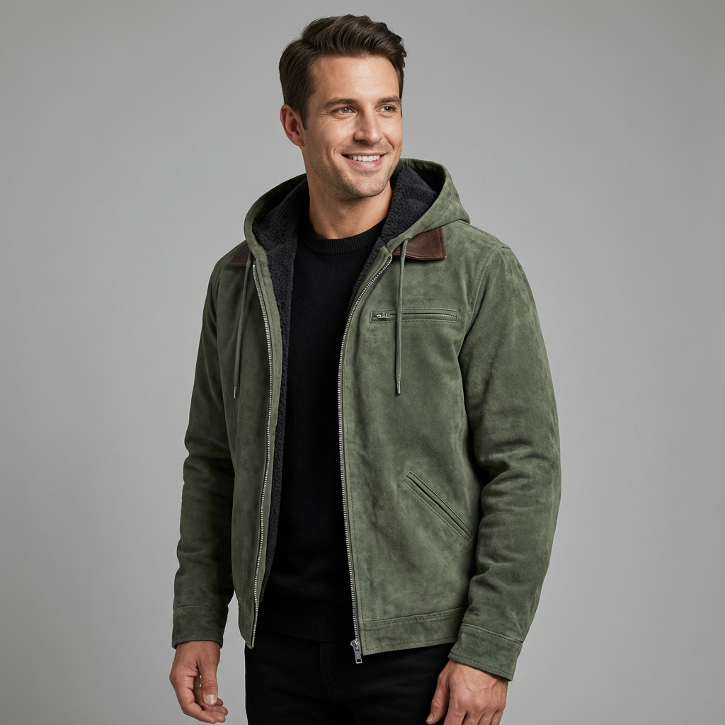 Men's Hooded Suede-Look Jacket – Fleece-Lined Vintage Work Jacket with Full Zip