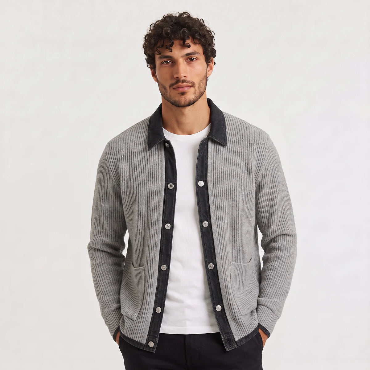Men's Denim Knit Cardigan | Stylish Tailored Layer with Contrast Trim 0