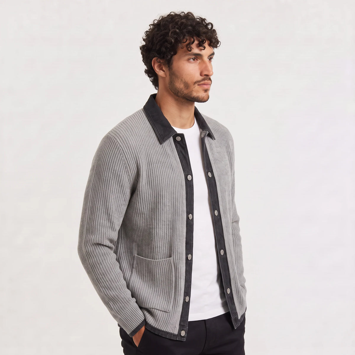 Men's Denim Knit Cardigan | Stylish Tailored Layer with Contrast Trim 3