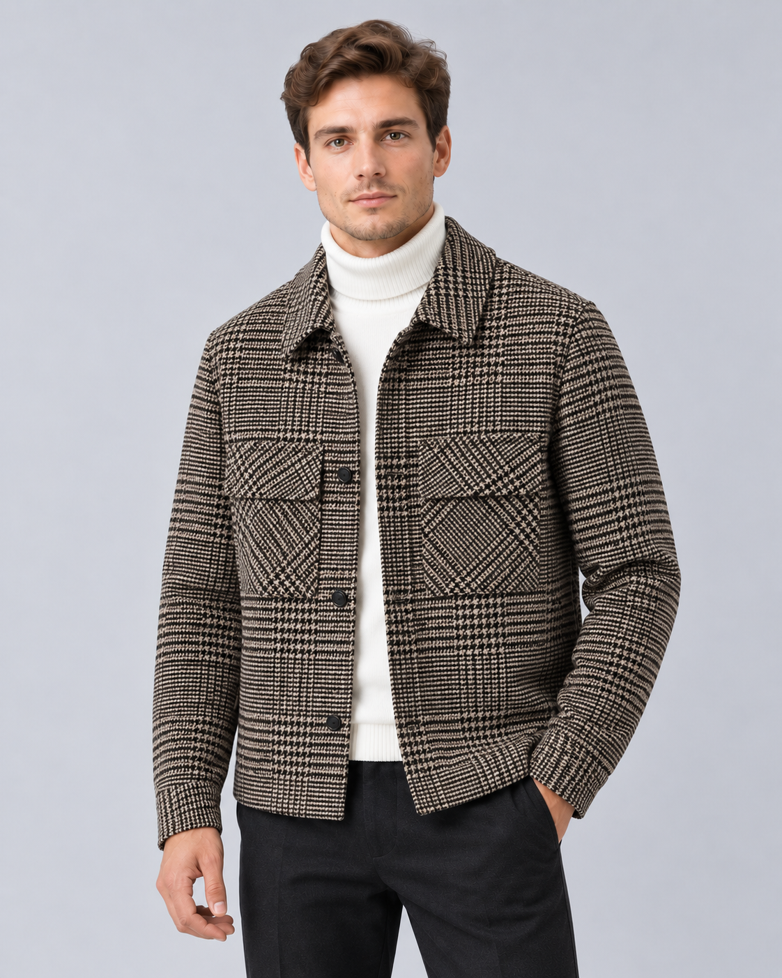 Men's Checked Overshirt Jacket – Wool-Blend Houndstooth Check with Chest Patch Pockets