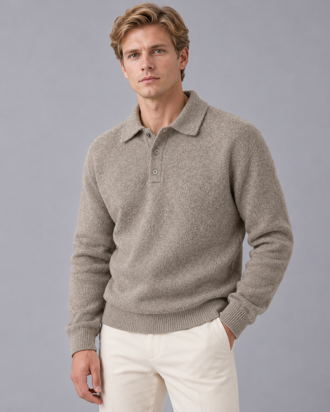 Men's Polo Collar Jumper with Ribbed Cuffs
