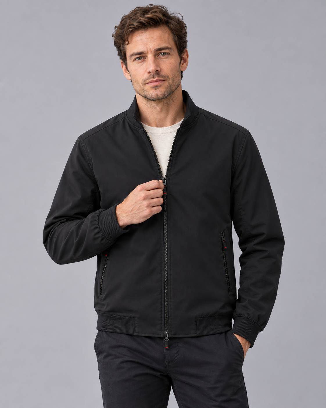 Men's Bomber Jacket – Stand Collar, Full Zip, Zip Pockets, Relaxed Fit