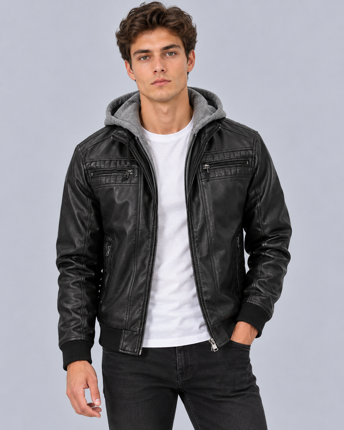Men's Faux Leather Hooded Jacket – Zip Pockets, Regular Fit