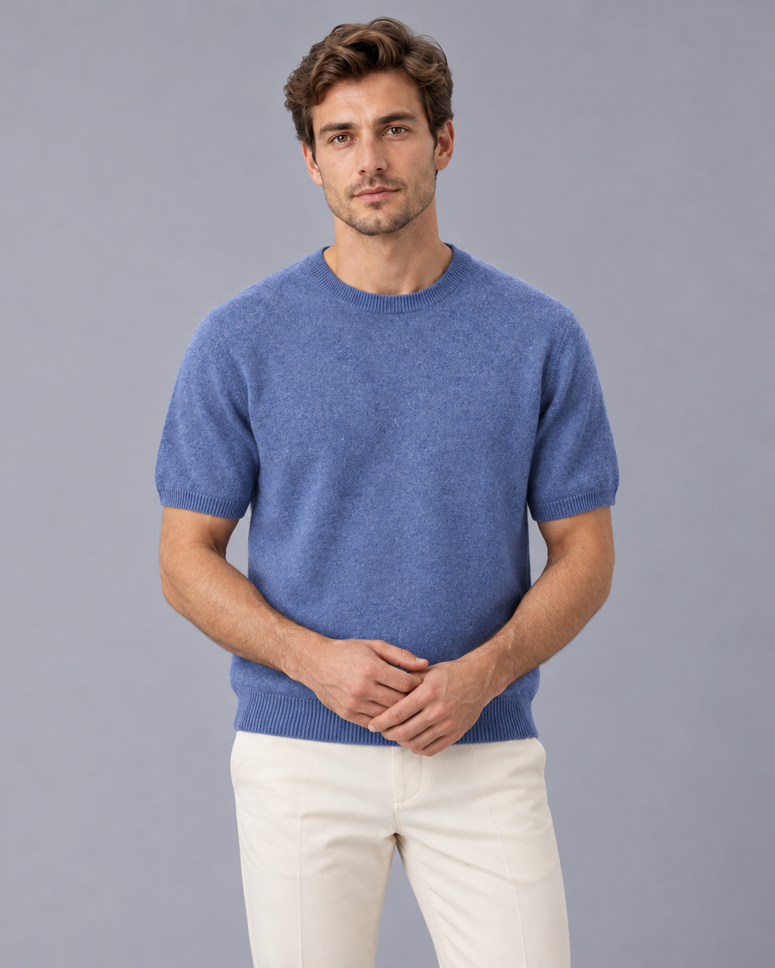 Men's 100% Cashmere Crew Neck T-Shirt with Short Sleeves and Ribbed Trims