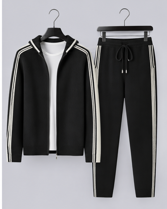 Men's 100% Cashmere Knitted Tracksuit with Contrast Stripes and Drawstring Joggers
