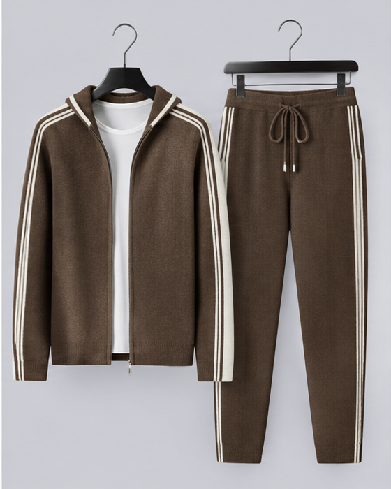 Men's 100% Cashmere Knitted Tracksuit with Contrast Stripes and Drawstring Joggers