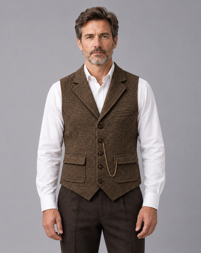 Men's Herringbone Waistcoat – Lapel Vest with Five-Button Front, Flap Pockets and Pocket Chain