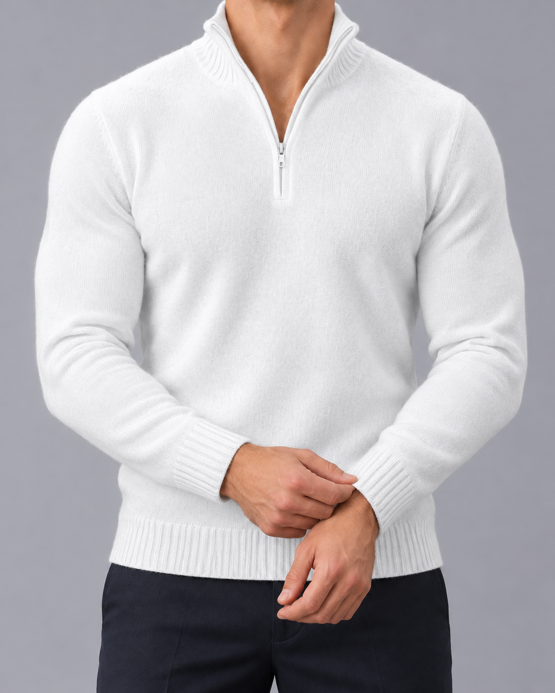 Men's Half Zip Jumper with Stand Collar and Ribbed Hem