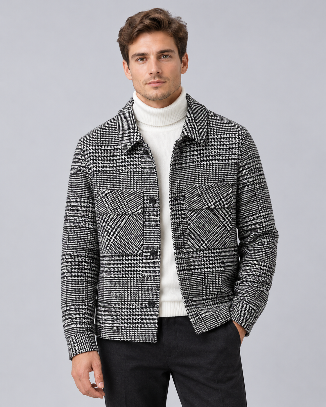 Men's Checked Overshirt Jacket – Wool-Blend Houndstooth Check with Chest Patch Pockets