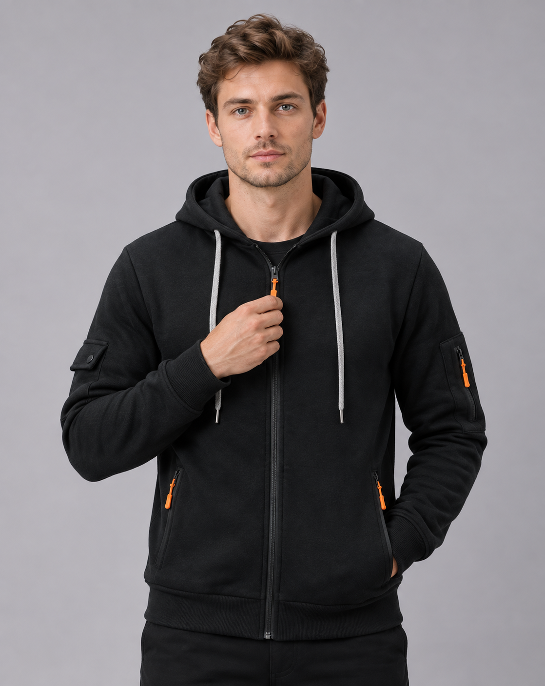 Men's Zip Up Hoodie in 100% Cotton – Full Zip, Drawstring Hood, Zip Pockets